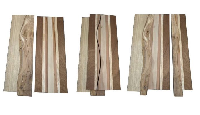 Links: 2 Bretter, Mitte: beide Bretter aufeinander und gesägt, Rechts: die entsandenen Hälften vertauscht.