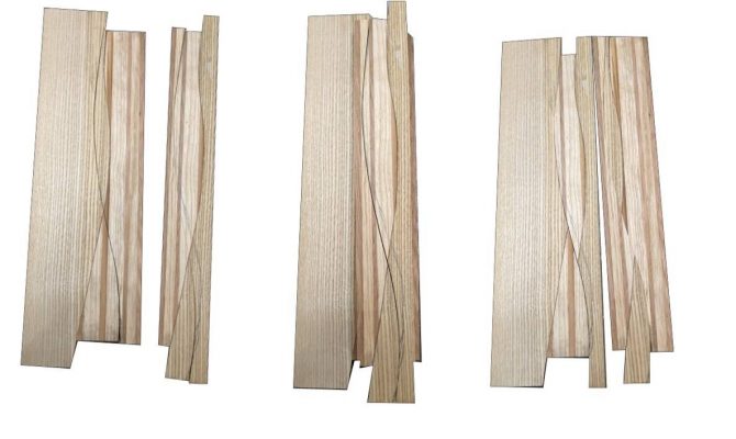 Links: 2 Bretter, Mitte: beide Bretter aufeinander und gesägt, Rechts: die entsandenen Hälften vertauscht.