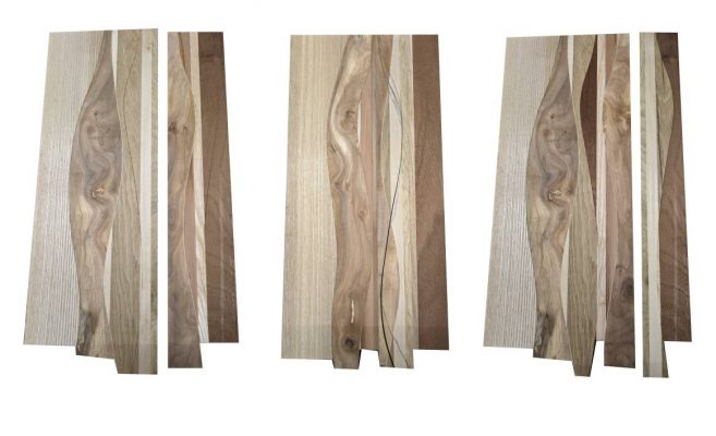 Links: 2 Bretter, Mitte: beide Bretter aufeinander und gesägt, Rechts: die entsandenen Hälften vertauscht.