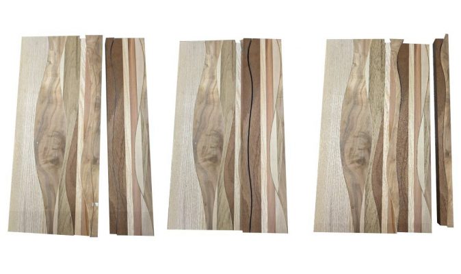 Links: 2 Bretter, Mitte: beide Bretter aufeinander und gesägt, Rechts: die entsandenen Hälften vertauscht.